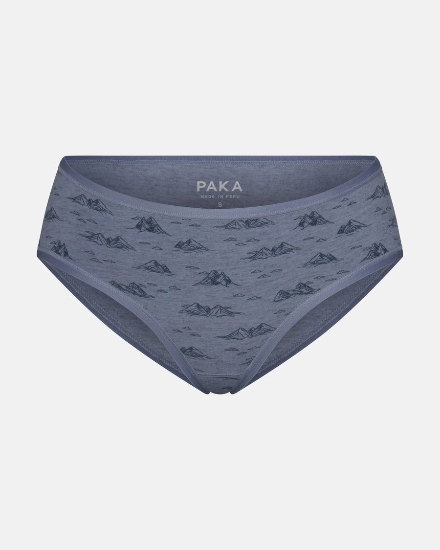 Front view of women’s mid-rise brief underwear in bluestone with small mountain print and visible PAKA waistband label on light gray background