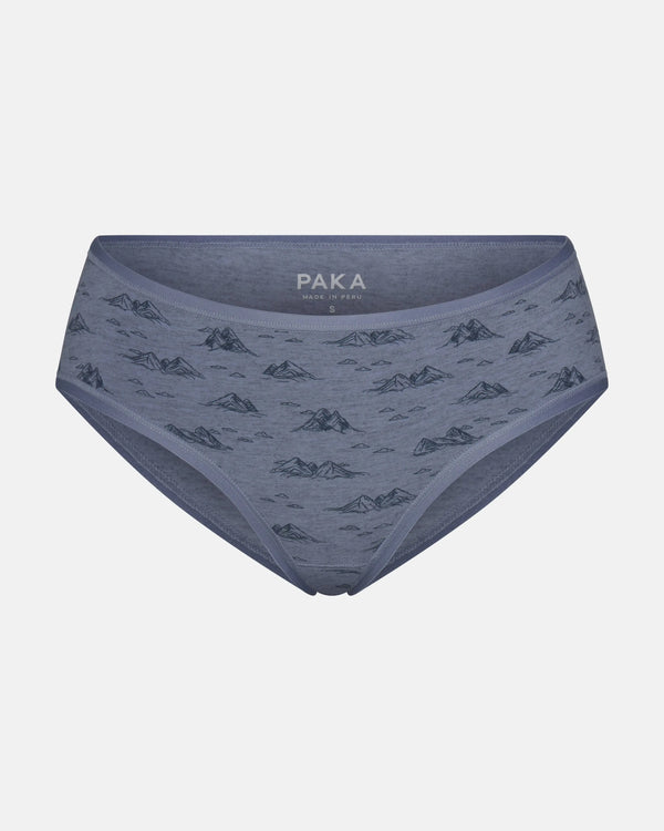 Front view of women’s mid-rise brief underwear in bluestone with small mountain print and visible PAKA waistband label on light gray background