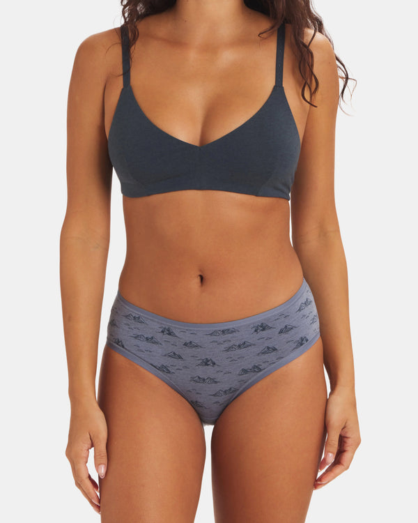 Front view of Women’s Essential Printed Mid-Rise Brief underwear showcasing bluestone mountain print and mid-rise coverage on white background