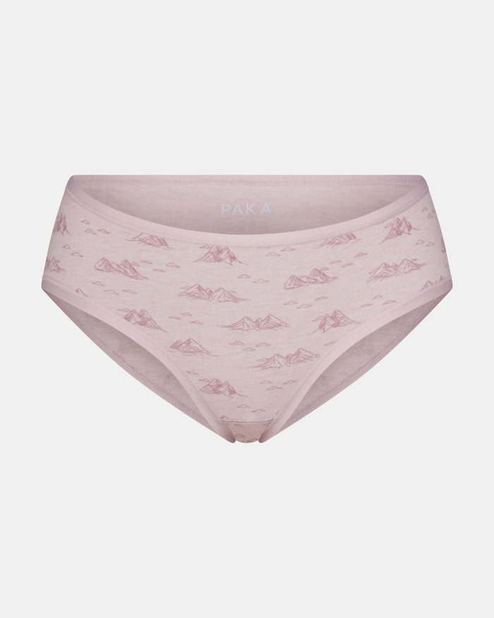 Front view of women’s alpaca mid-rise brief in smokey lavender with mountain print and medium coverage