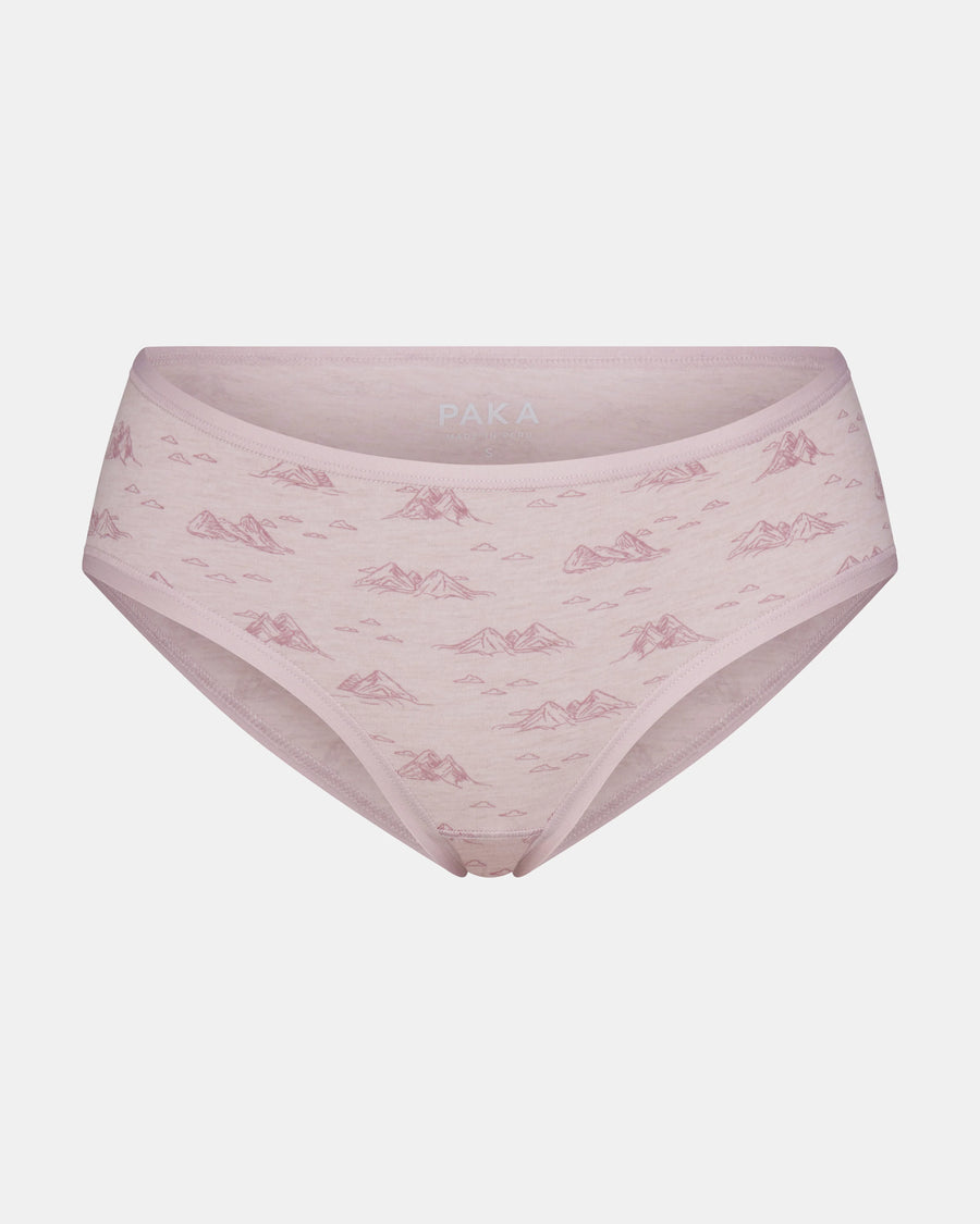Front view of women’s alpaca mid-rise brief in smokey lavender with mountain print and medium coverage
