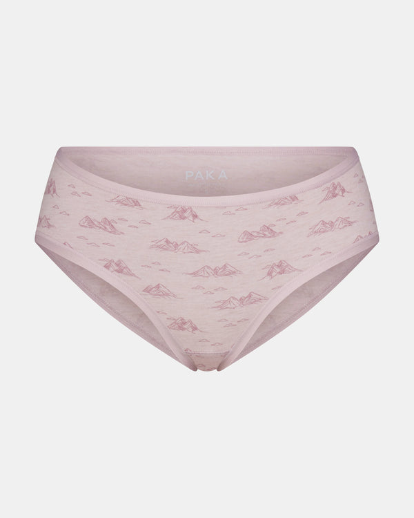Front view of women’s alpaca mid-rise brief in smokey lavender with mountain print and medium coverage