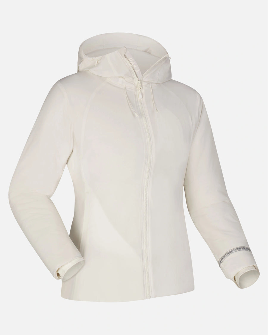 Three-quarter view of The Original Women’s Apu Parka in ivory showing hood and zip-front on light gray background