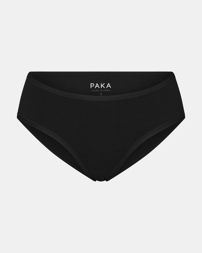 Front view of Women’s Essential Mid-Rise Brief in black showing mid-rise waist and smooth cotton fabric on light gray background