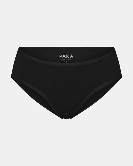 Front view of Women’s Essential Mid-Rise Brief in black showing mid-rise waist and smooth cotton fabric on light gray background