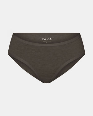 Front view of Women’s Mid-Rise Brief in raisin heather showing mid-rise cut and elastic waistband on light gray background