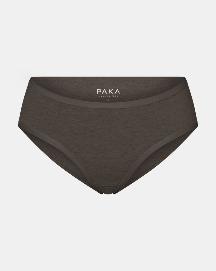 Front view of Women’s Mid-Rise Brief in raisin heather showing mid-rise cut and elastic waistband on light gray background