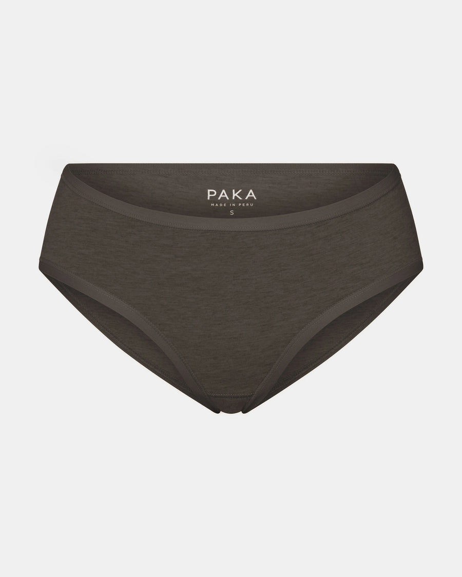 Front view of Women’s Mid-Rise Brief in raisin heather showing mid-rise cut and elastic waistband on light gray background