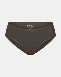 Front view of Women’s Mid-Rise Brief in raisin heather showing mid-rise cut and elastic waistband on light gray background