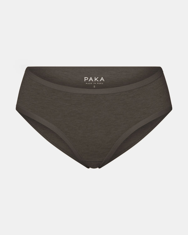 Front view of Women’s Mid-Rise Brief in raisin heather showing mid-rise cut and elastic waistband on light gray background