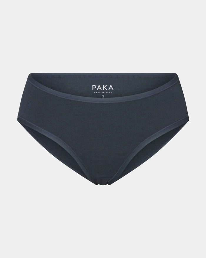 Front view of Women’s Mid-Rise Brief in navy showing mid-rise cut, full coverage, and visible PAKA label on light-gray background
