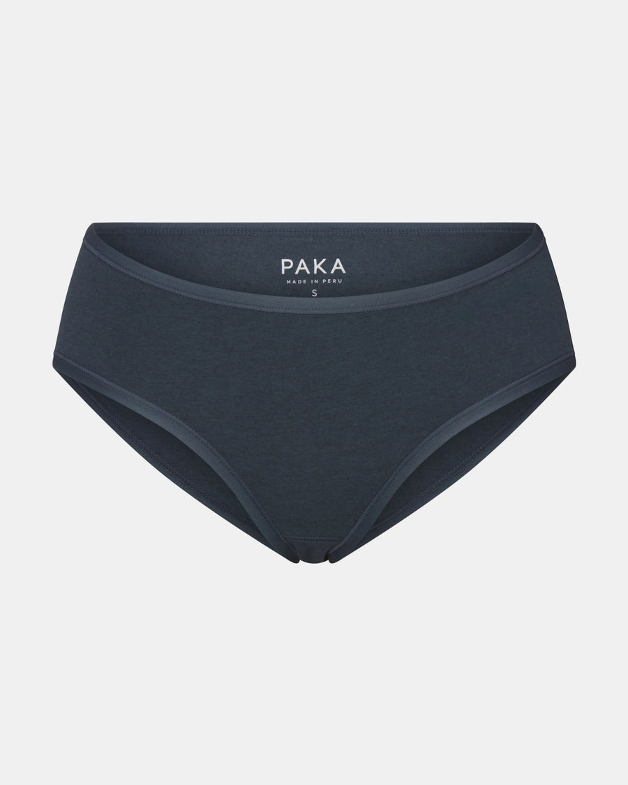 Front view of Women’s Mid-Rise Brief in navy showing mid-rise cut, full coverage, and visible PAKA label on light-gray background