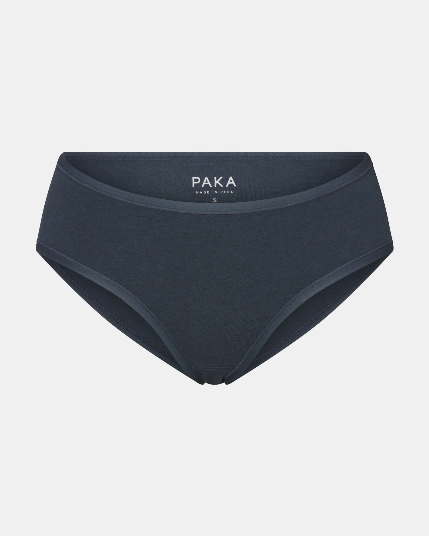 Front view of Women’s Mid-Rise Brief in navy showing mid-rise cut, full coverage, and visible PAKA label on light-gray background