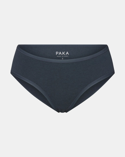 Front view of Women’s Mid-Rise Brief in navy showing mid-rise cut, full coverage, and visible PAKA label on light-gray background