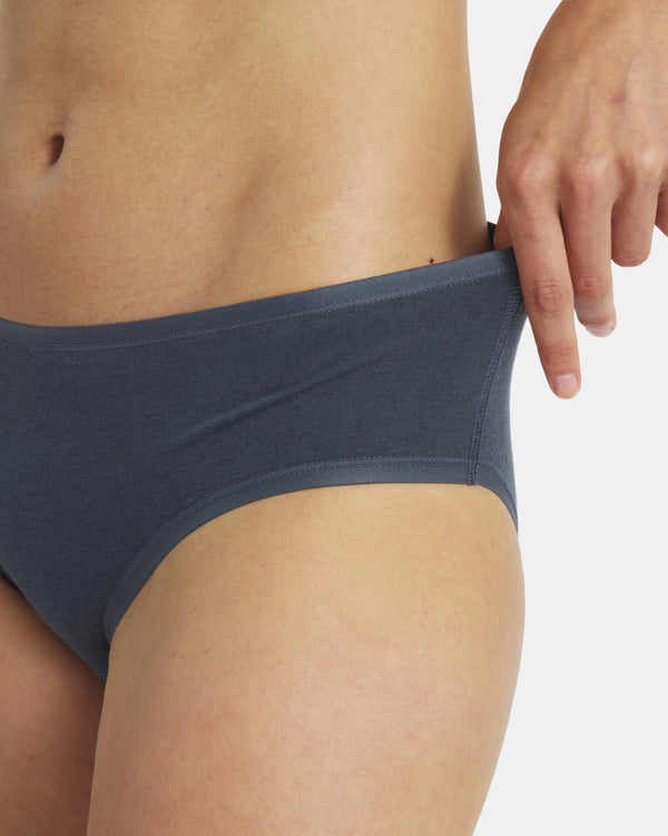 Close-up side view of Women’s Essential Mid-Rise Brief showcasing navy mid-rise waistband and smooth cotton fabric on a white background