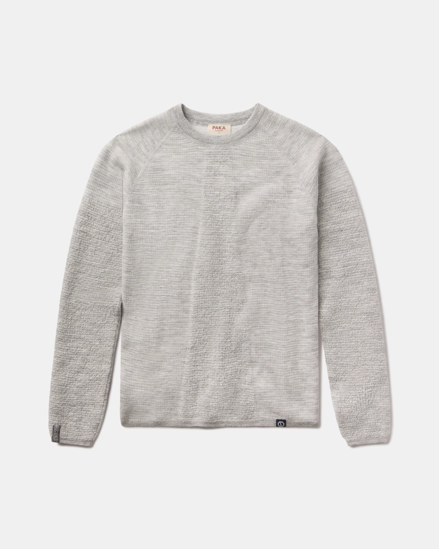 Front view of Women’s Mountain Crew sweater showcasing heather grey textured knit and crew neckline on light gray background