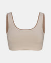 Front view of Women’s Essential Scoop Bralette showcasing wide straps and scoop neckline in birch on light gray background
