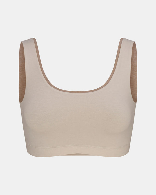 Front view of Women’s Essential Scoop Bralette showcasing wide straps and scoop neckline in birch on light gray background