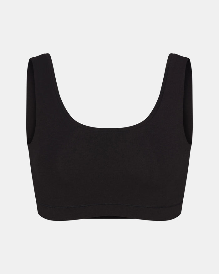 Front view of Women’s Essential Scoop Bralette in black showcasing scoop neckline and wide straps on light gray background