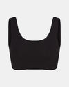 Front view of Women’s Essential Scoop Bralette in black showcasing scoop neckline and wide straps on light gray background