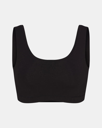 Front view of Women’s Essential Scoop Bralette in black showcasing scoop neckline and wide straps on light gray background