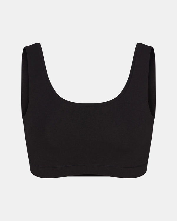 Front view of Women’s Essential Scoop Bralette in black showcasing scoop neckline and wide straps on light gray background