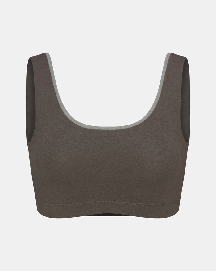 Front view of Women’s Scoop Bralette in Raisin with scoop neckline, wide straps and underband on gray background