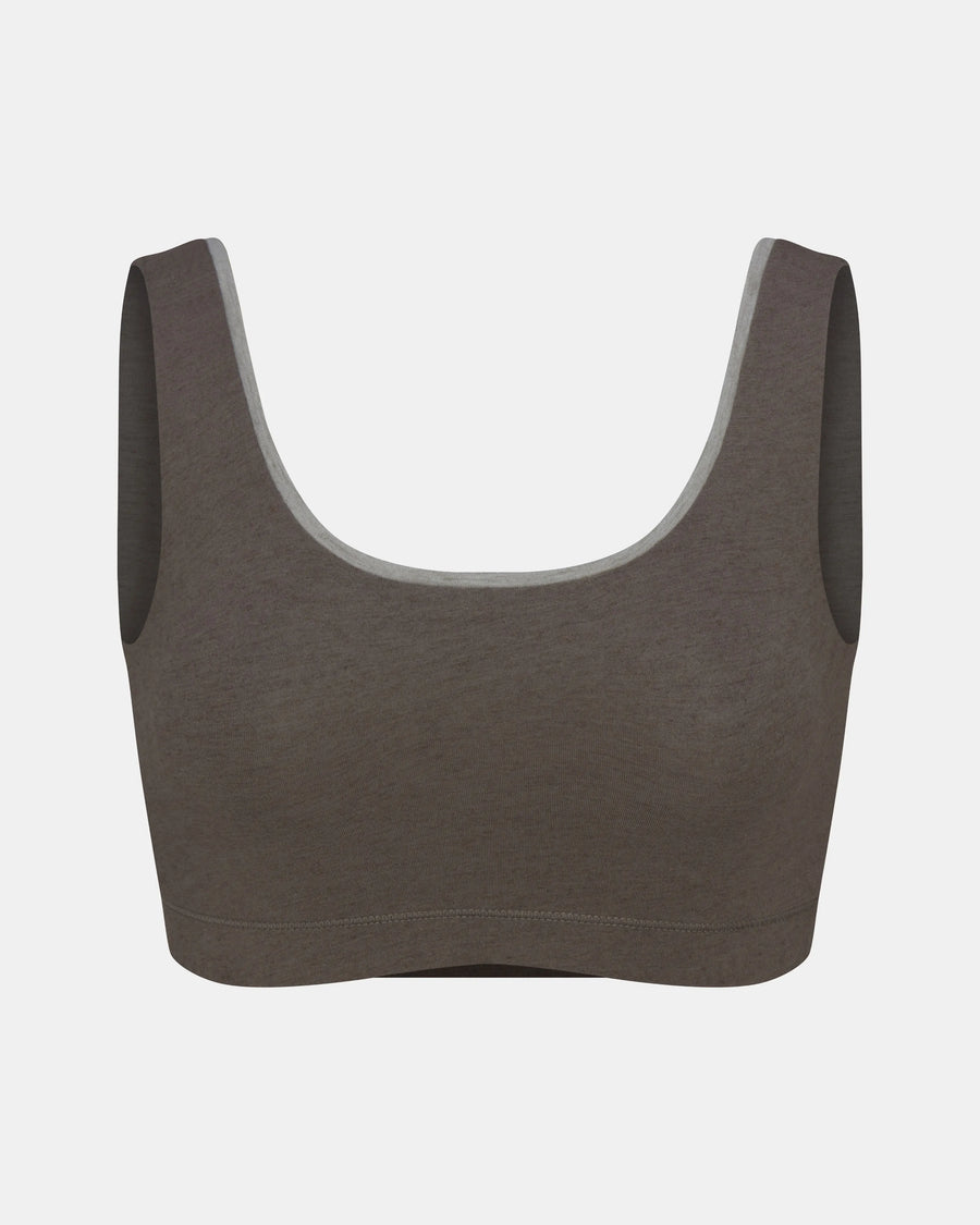 Front view of Women’s Scoop Bralette in Raisin with scoop neckline, wide straps and underband on gray background