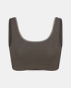 Front view of Women’s Scoop Bralette in Raisin with scoop neckline, wide straps and underband on gray background