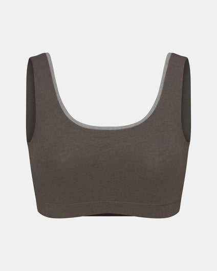Front view of Women’s Scoop Bralette in Raisin with scoop neckline, wide straps and underband on gray background