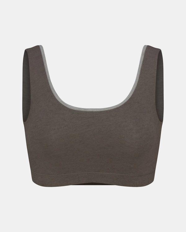 Front view of Women’s Scoop Bralette in Raisin with scoop neckline, wide straps and underband on gray background