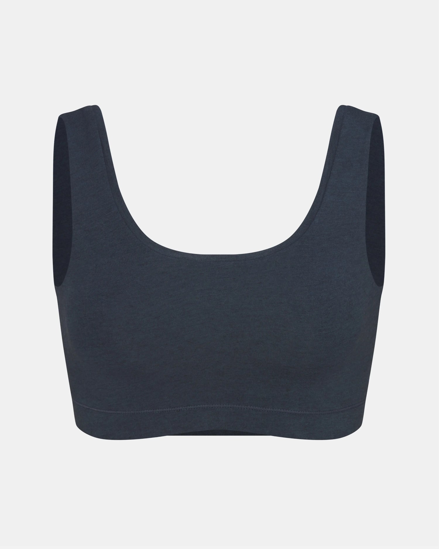 Front view of Women’s Essential Scoop Bralette in navy showing scoop neckline, wide straps and elastic underband on light gray