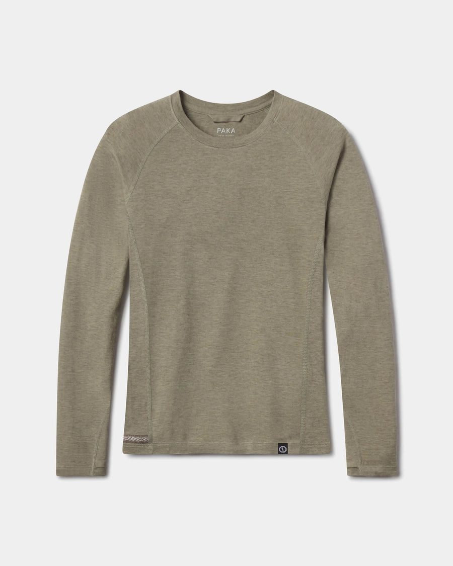 Front flat lay of Women’s Sol Crew long-sleeve sun protection shirt in elm green with crew neck and hem logo on white