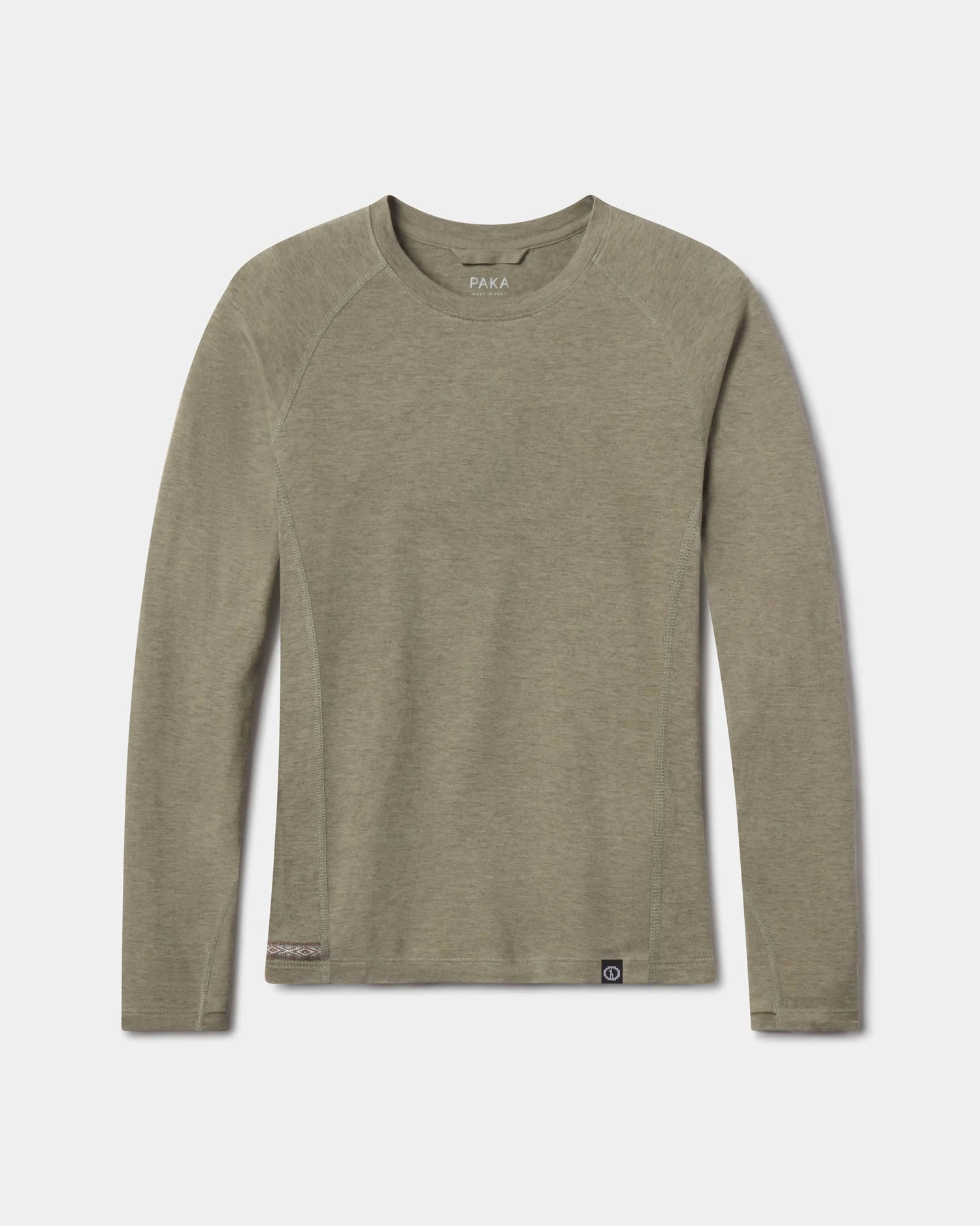 Front flat lay of Women’s Sol Crew long-sleeve sun protection shirt in elm green with crew neck and hem logo on white