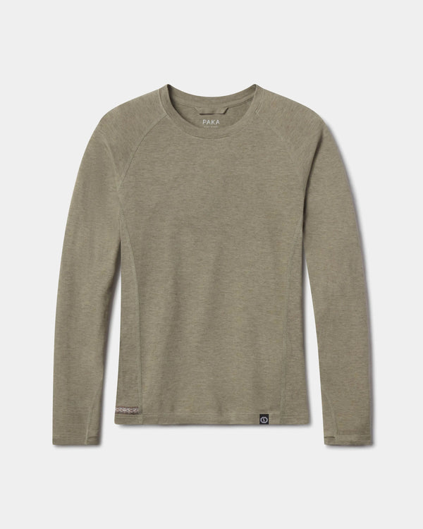 Front flat lay of Women’s Sol Crew long-sleeve sun protection shirt in elm green with crew neck and hem logo on white