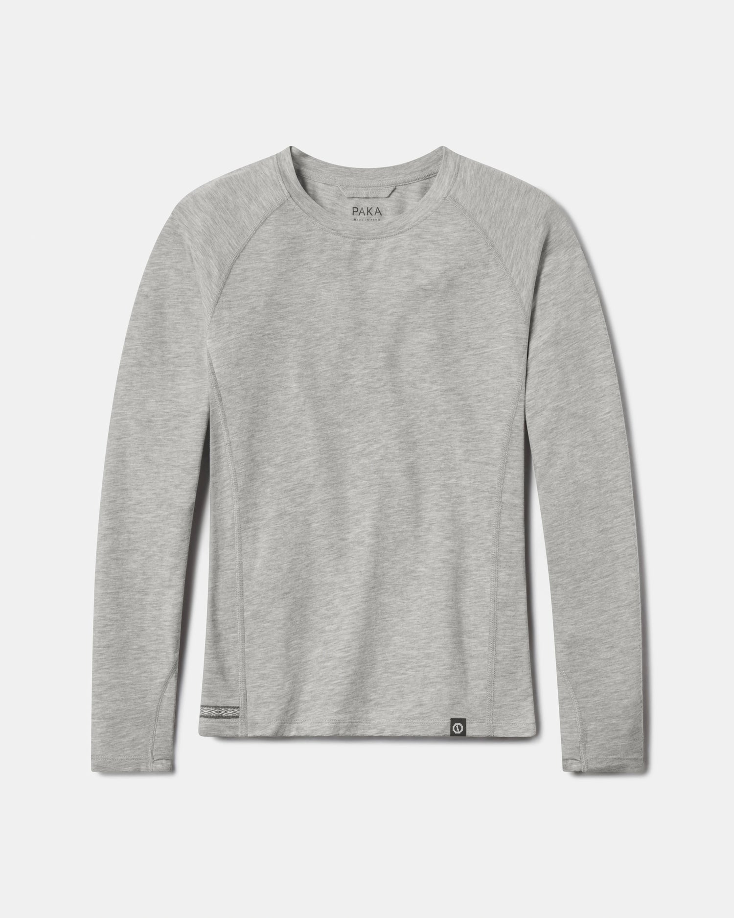 Flat-lay of Women’s Sol Crew sun shirt in heather grey alpaca with crewneck and raglan sleeves on white background