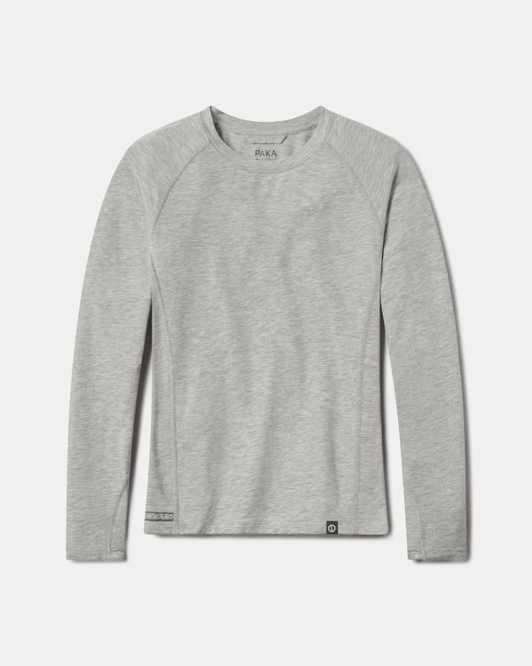 Flat-lay of Women’s Sol Crew sun shirt in heather grey alpaca with crewneck and raglan sleeves on white background