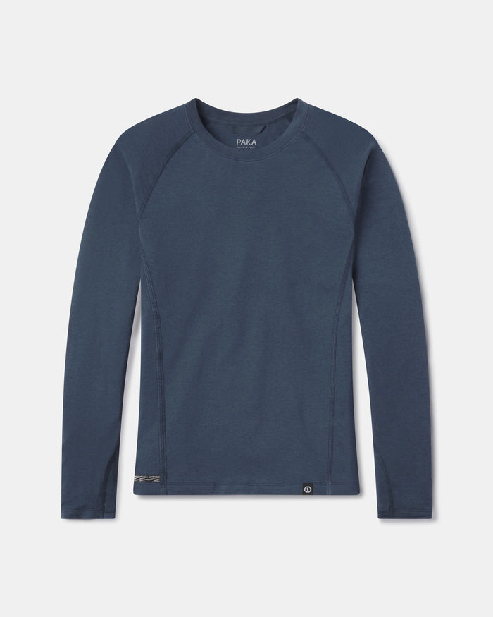 Front flat lay of Women’s Sol Crew long-sleeve sun shirt showing crewneck, raglan seams, and navy color on white background