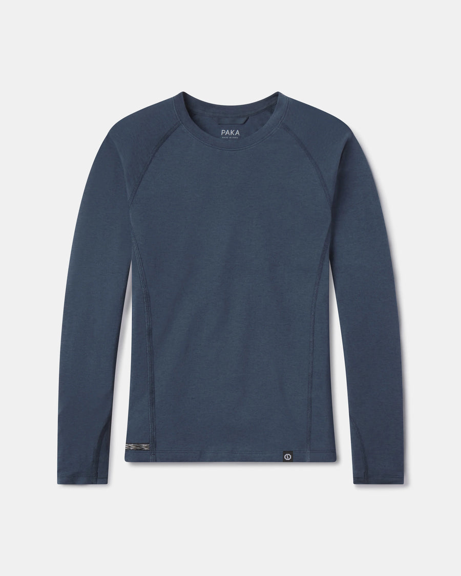 Front flat lay of Women’s Sol Crew long-sleeve sun shirt showing crewneck, raglan seams, and navy color on white background