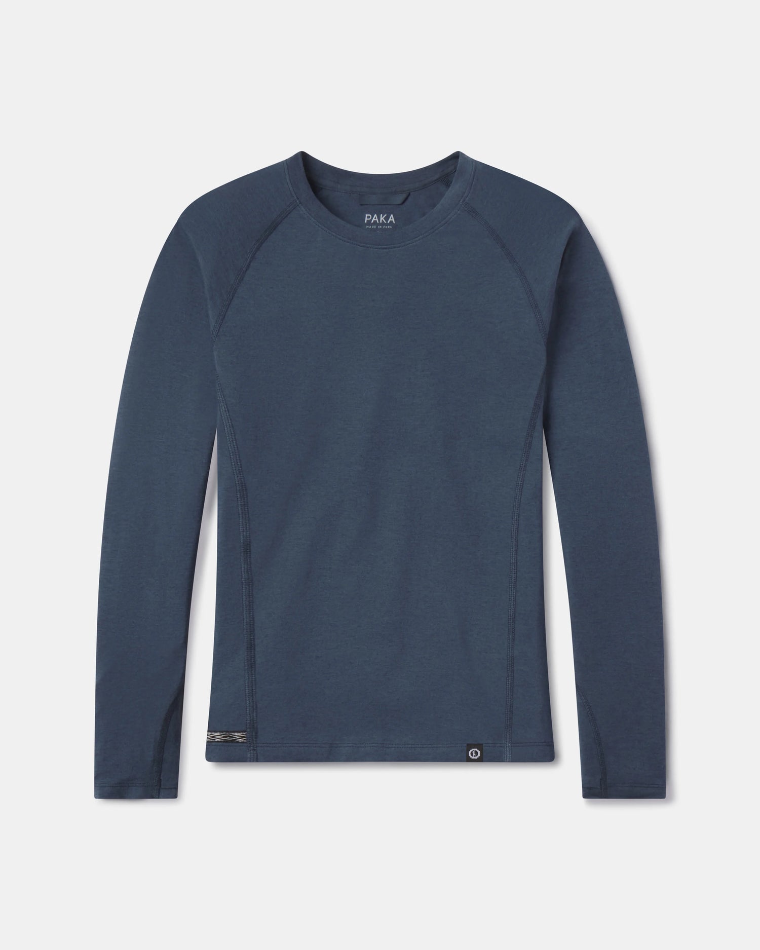 Front flat lay of Women’s Sol Crew long-sleeve sun shirt showing crewneck, raglan seams, and navy color on white background
