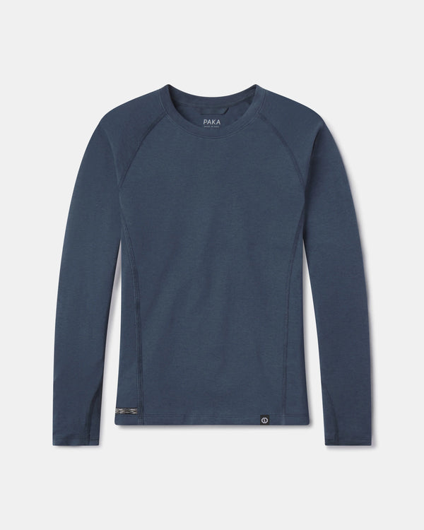 Front flat lay of Women’s Sol Crew long-sleeve sun shirt showing crewneck, raglan seams, and navy color on white background