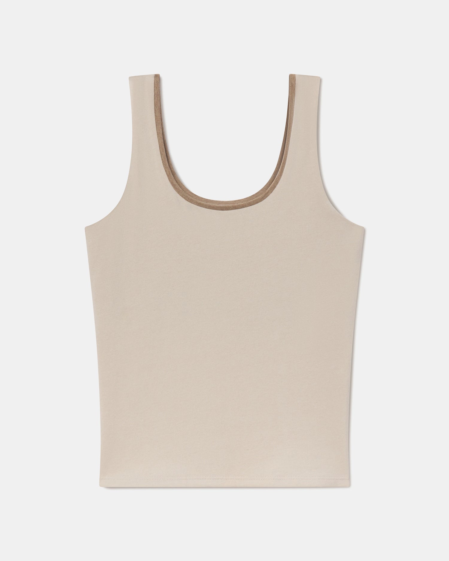 Flat lay of Women’s Essential Tank showing scoop neckline and built-in shelf bra in birch on white background