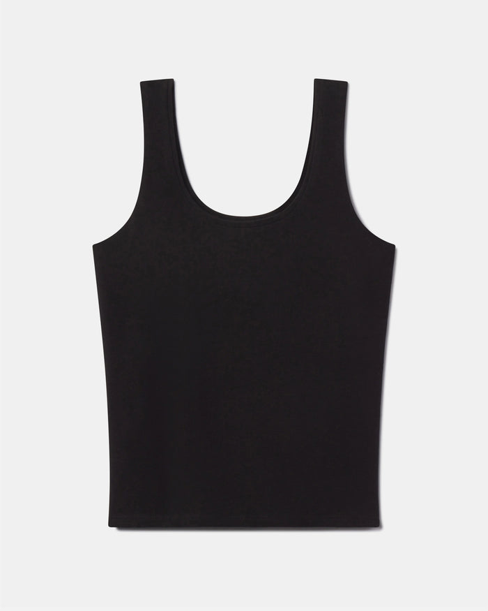 Front view of Women’s Essential Tank with built-in shelf bra in black on light gray background