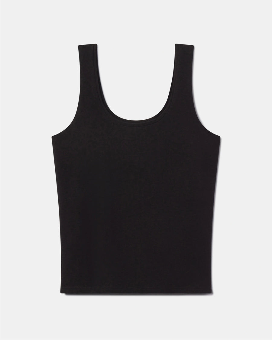 Front view of Women’s Essential Tank with built-in shelf bra in black on light gray background