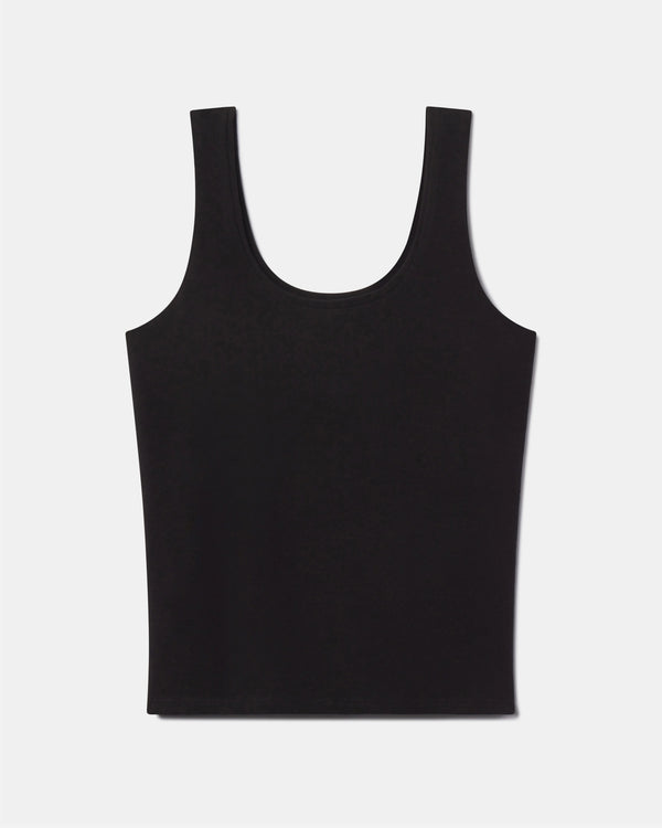 Front view of Women’s Essential Tank with built-in shelf bra in black on light gray background
