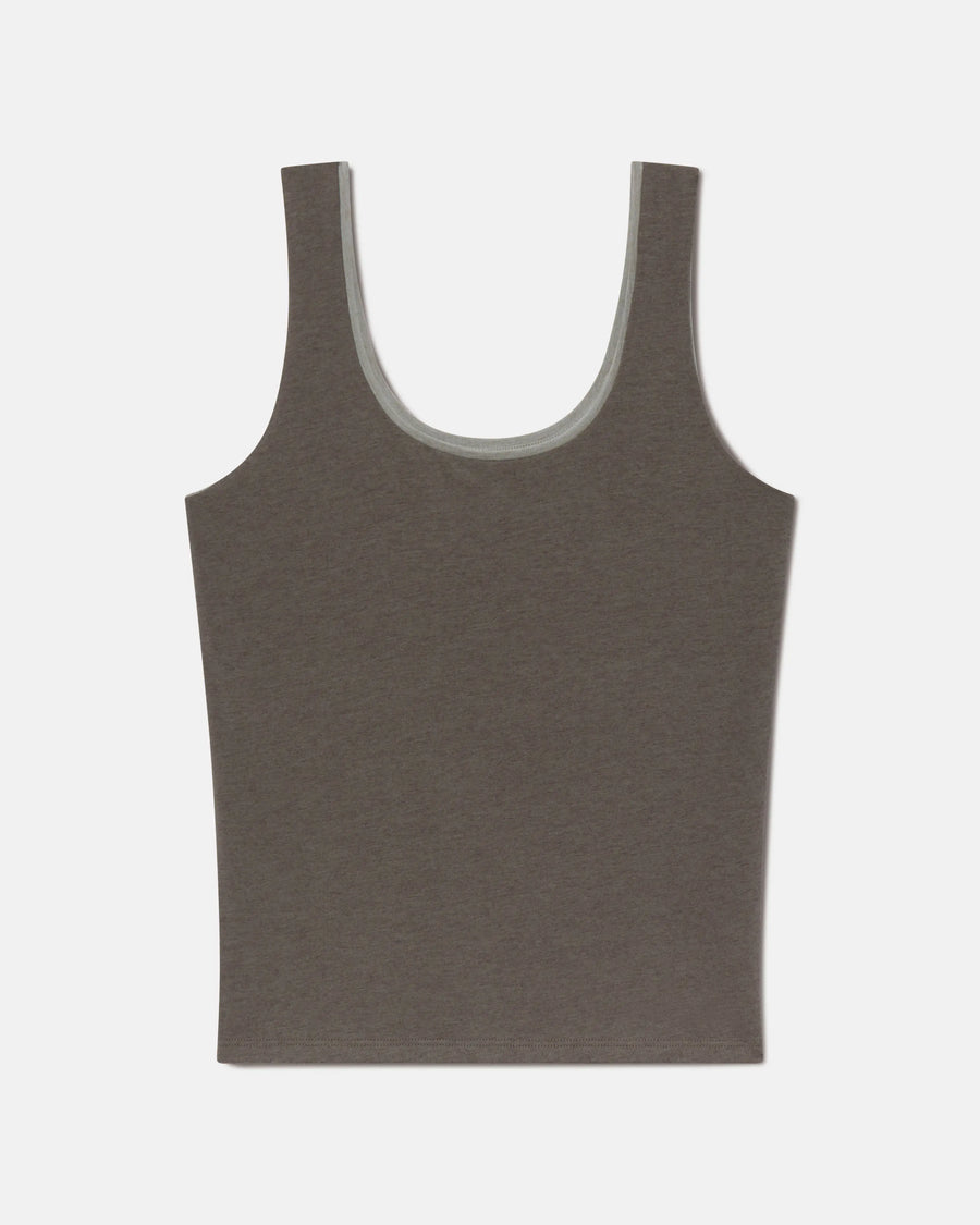 Flat lay of Women’s Essential Tank in forage showing scoop neckline, wide straps and built-in shelf bra on light gray background