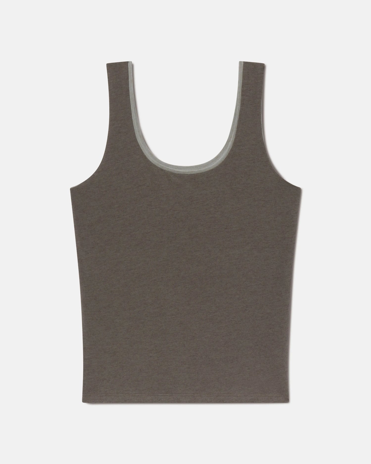 Flat lay of Women’s Essential Tank in forage showing scoop neckline, wide straps and built-in shelf bra on light gray background