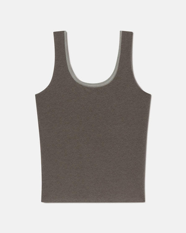 Flat lay of Women’s Essential Tank in forage showing scoop neckline, wide straps and built-in shelf bra on light gray background