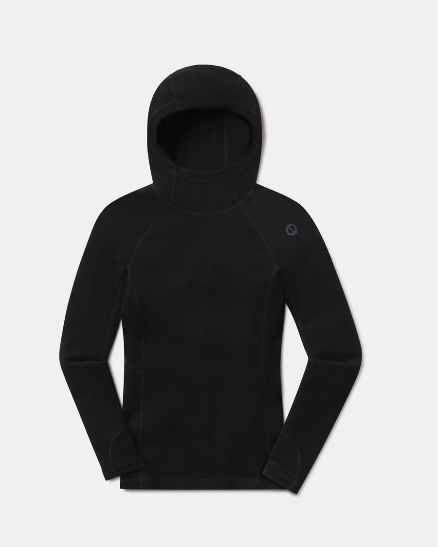Front view of women’s thermal hoodie showcasing fitted long sleeves, integrated hood, thumbhole cuffs on white background