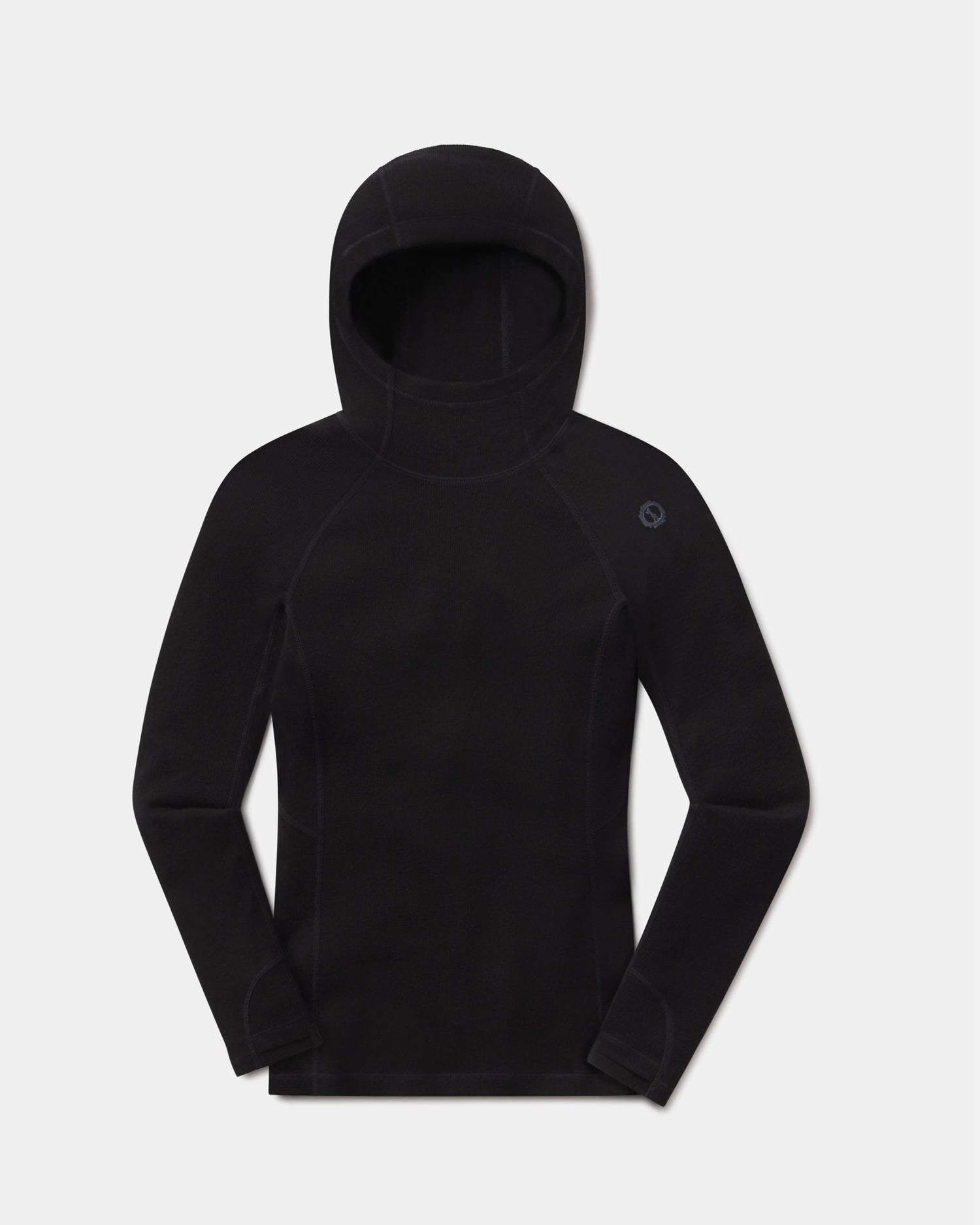 Front view of women’s thermal hoodie showcasing fitted long sleeves, integrated hood, thumbhole cuffs on white background